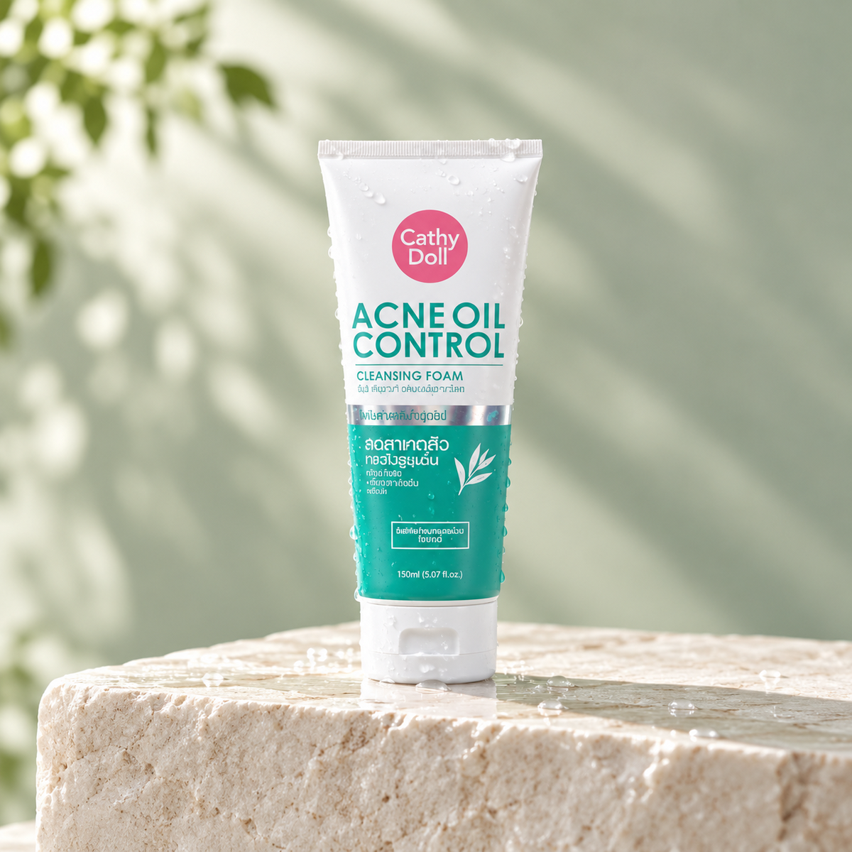 Cathy Doll Acne Oil Control Cleansing Foam on a stone pedestal