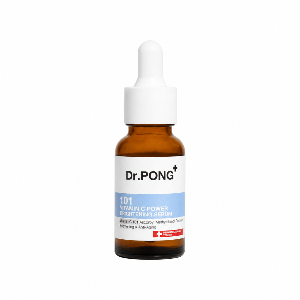 Dr.PONG 101 Vitamin C Power Brightening Serum bottle, dermatologically tested for brightening and anti-aging