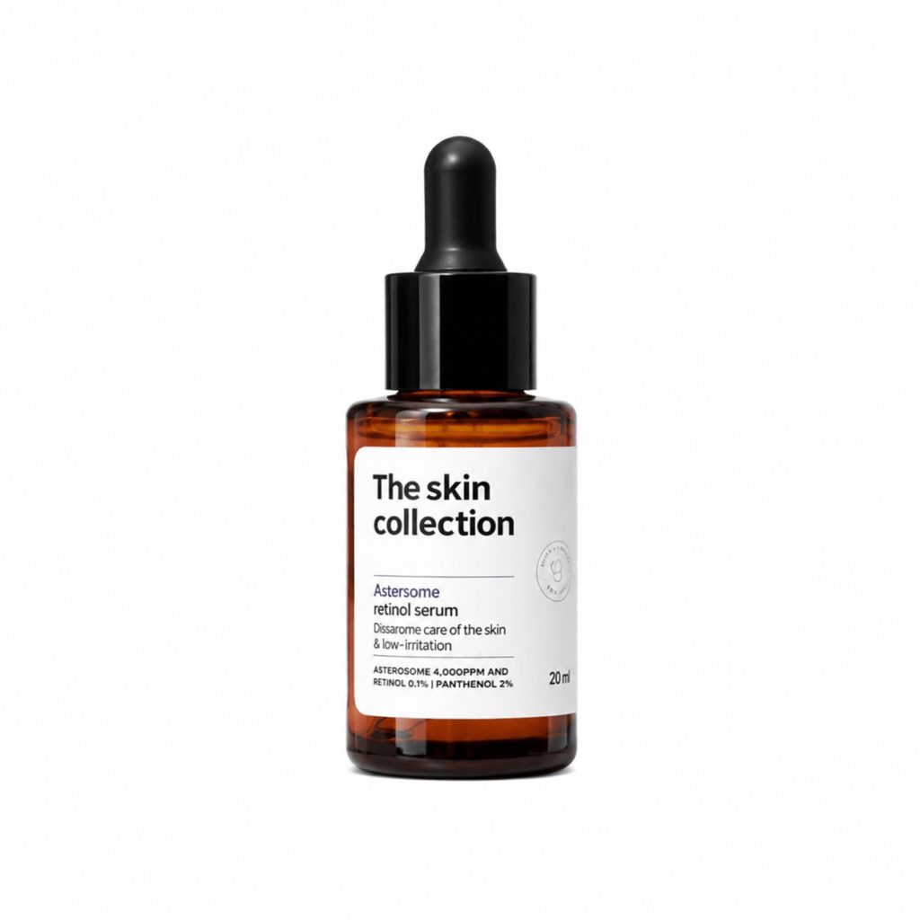 The Skin Collection Asterosome Retinol Serum 20ml amber dropper bottle front view for smoother skin and wrinkle care on white background
