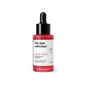 The Skin Collection AHA 10% + BHA 2% Exfoliating Serum 20ml dropper bottle that exfoliates and smooths skin, improves skin texture on white background